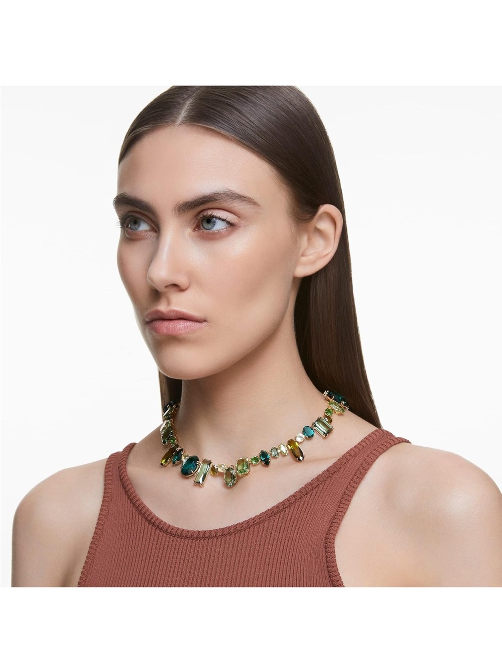 Swarovski Gold-Tone Gema Crystal Necklace with Green, Teal & Lime Crystals New - Picture 5 of 8